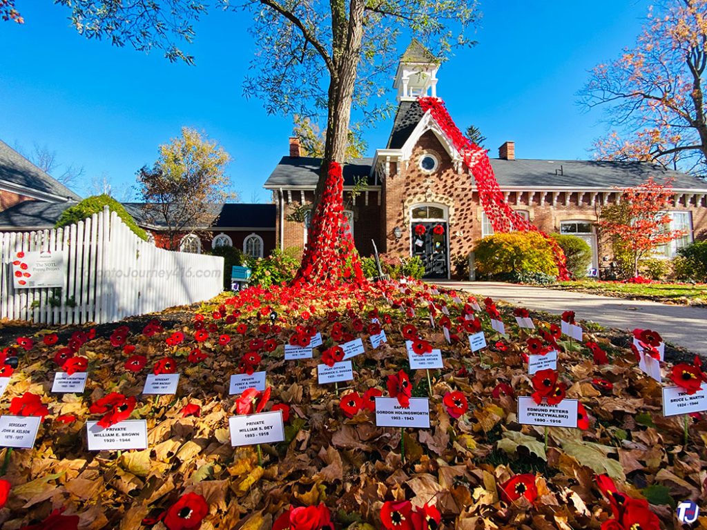 November 5, 2023 - The Poppy Project display at the Niagara-on-the-Lake Museum at 43 Castlereagh St. The outdoor installation displays the names of those who gave their lives for our country. The display features thousands of knitted, crocheted and fabric poppies from all over the world