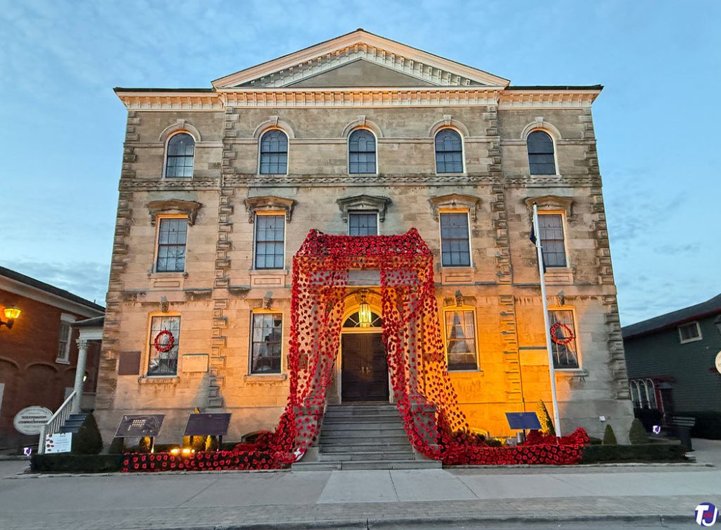 November 10, 2024 - The Poppy Project at the Niagara District Court House at 26 Queen St in Niagara-on-the-Lake, Ontario. The old courthouse, today a National Historic Site of Canada, was built between 1846 and 1847 and designed by architect William Thomas, who was the architect of the Old Don Jail