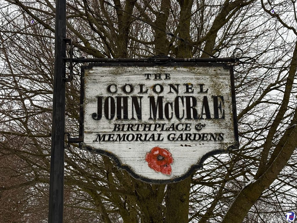 December 23, 2024 – The Colonel John McCrae Birthplace & Memorial Gardens sign. The McCrae House Museum is located at 108 Water St in Guelph, Ontario