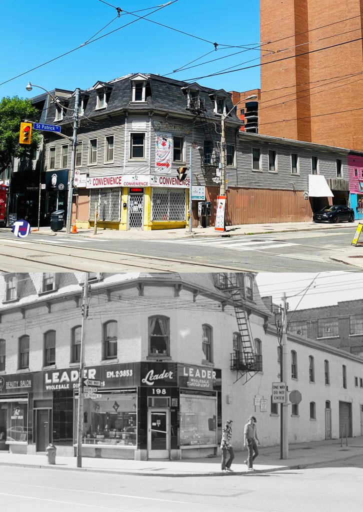1972/June 19, 2021 – Looking northwest towards the corner of Queen St W and St Patrick St, straddling the Kensington-Chinatown and Entertainment District neighbourhoods of Toronto