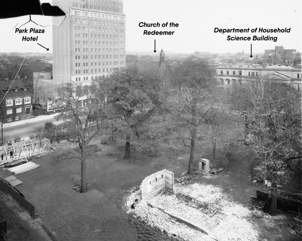 1930 - Just prior to the construction of ROM's East Wing and Centre Block, looking northeast towards Park Plaza Hotel, Church of the Redeemer and Department of Household Science building at Bloor St W and Avenue Rd/Queen's Park
