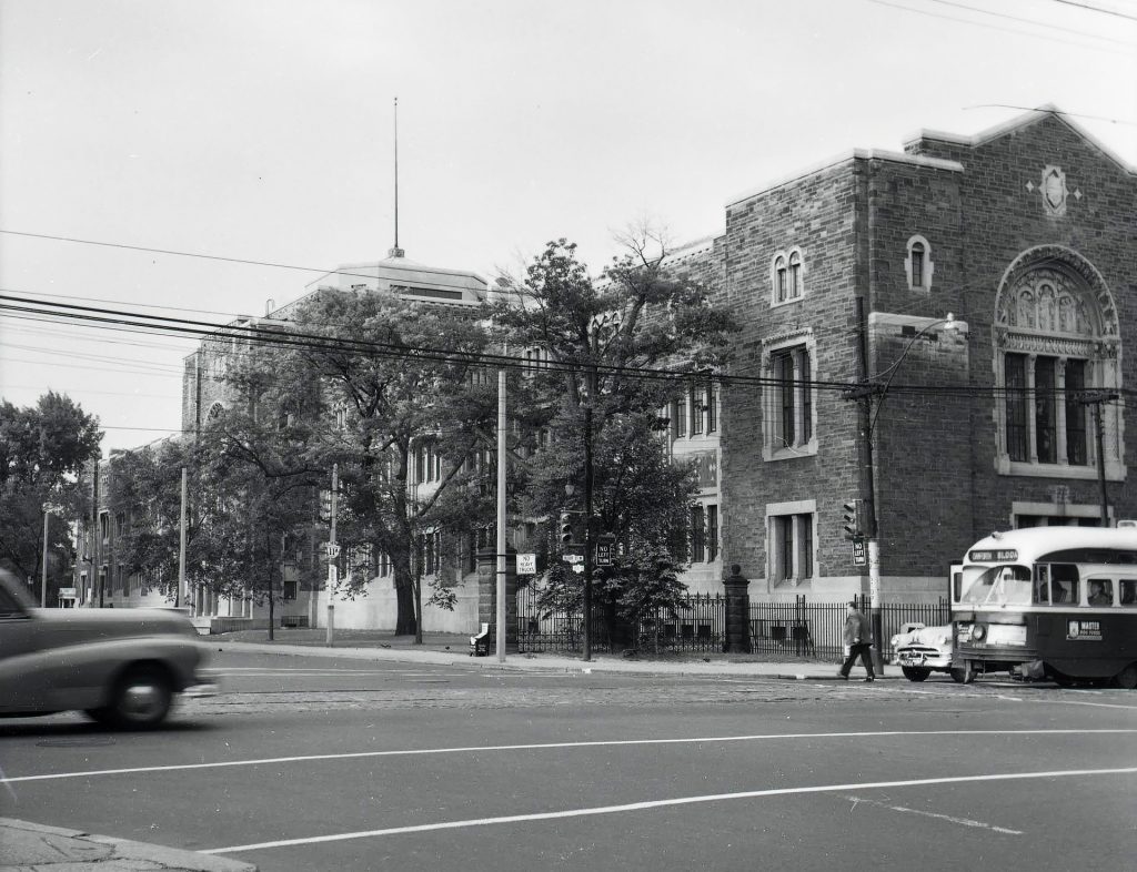 June 25, 1955 - Looking southwest from Bloor St W and Avenue Rd towards the East Wing of the Royal Ontario Museum