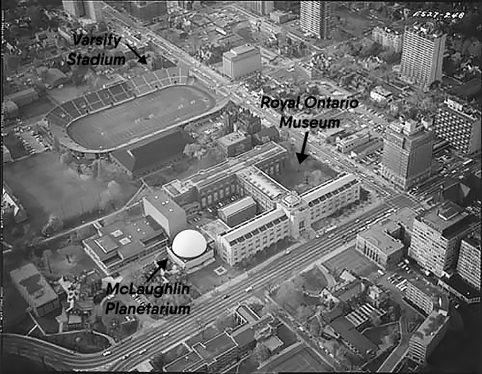 1968 - An aerial view of the Royal Ontario Museum, McLaughlin Planetarium and Varsity Stadium in the Queen's Park and Bloor St W area