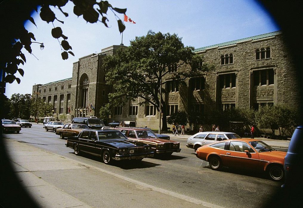 August 1983 - Looking southwest at the East Wing of the Royal Ontario Museum from Queen's Park, just south of Bloor St W