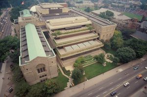 Between 1993 and 1996 - An aerial view of ROM, looking southwest towards Bloor St W and Queen's Park - the Michael Lee-Chin Crystal replaced the Terrace Galleries (City of Toronto Archives, Series 1465, File 710, Item 6 - Urban Design photographs)