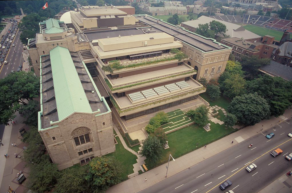 Between 1993 and 1996 - An aerial view of ROM, looking southwest towards Bloor St W and Queen's Park - the Michael Lee-Chin Crystal replaced the Terrace Galleries (City of Toronto Archives, Series 1465, File 710, Item 6 - Urban Design photographs)