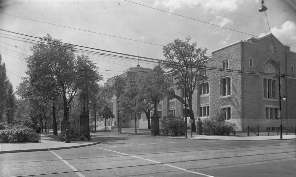 1930 - The East Wing of ROM and the Alexandra Gates, looking southwest from Bloor St W and Avenue Rd
