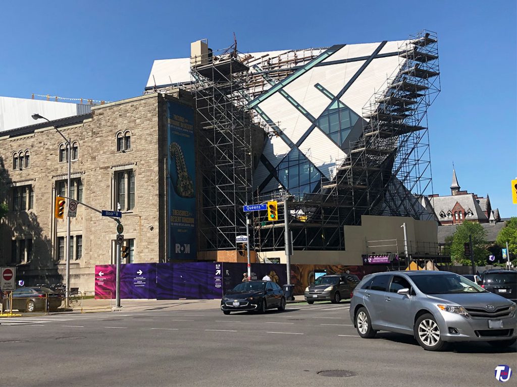 June 22, 2019 – The north façade of the Royal Ontario Museum and the Michael Lee-Chin Crystal undergoing a revitalization