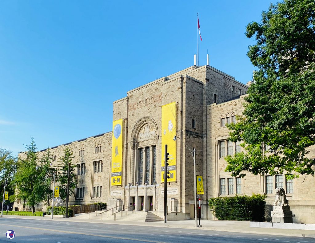 August 15, 2020 - Looking southwest towards the Weston Entrance and East Wing of ROM from Queen's Park, just south of Bloor St W