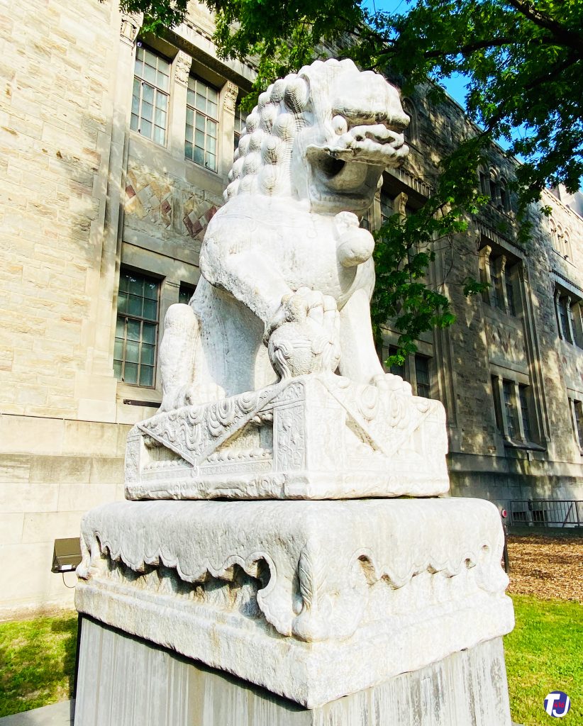 August 15, 2020 - One of two carved marble Guardian Lions from China's Qing Dynasty period (1650 to 1750 AD). They're located at the Weston Entrance on Queen's Park