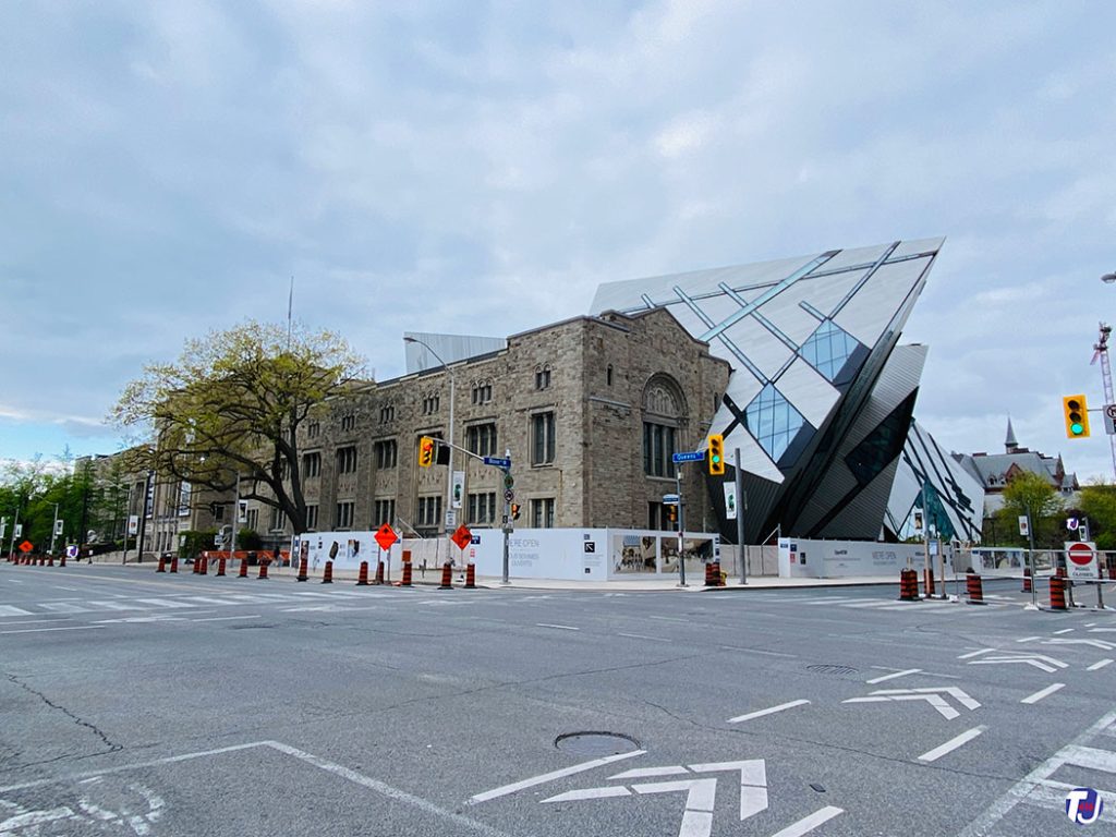 May 12, 2024 – looking southwest towards the Royal Ontario Museum from Bloor St W and Avenue Rd. The photo shows the OpenROM construction on the Michael Lee-Chin Crystal. The entrance to the museum is off Queen's Park during construction