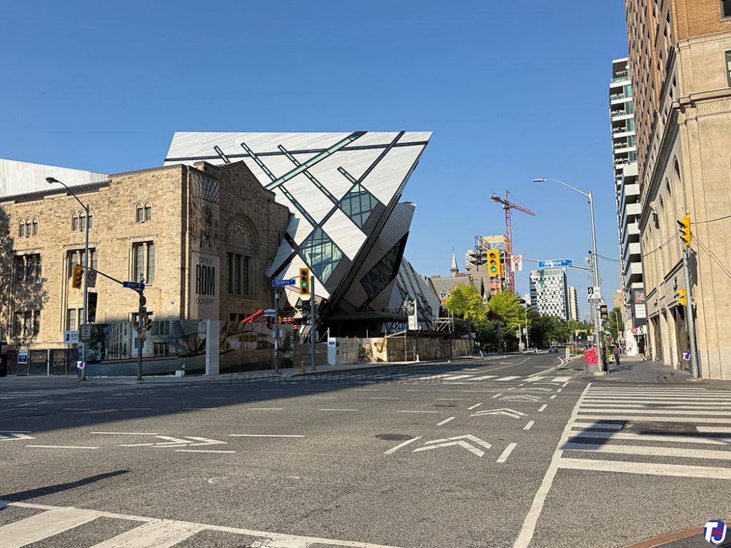 July 12, 2026 – Looking west along Bloor St W from Avenue Rd, with the Royal Ontario Museum on the left and the Park Hyatt Toronto, previously the Park Plaza Hotel, in the right foreground