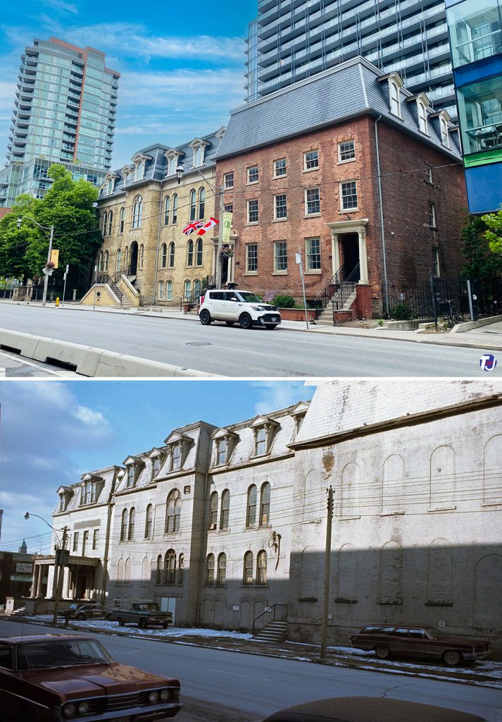 2022/1968 – Looking northwest towards the corner of Adelaide St E and George St, in the St Lawrence neighbourhood of Toronto. The group of buildings ranging from 264 to 252 Adelaide St E were initially known as Toronto's First Post Office (built in 1833/34 and is once again a post office today), De La Salle Institute (built in 1871) and Bank of Upper Canada (built in 1825/27). The buildings received heritage status from the city in 1973