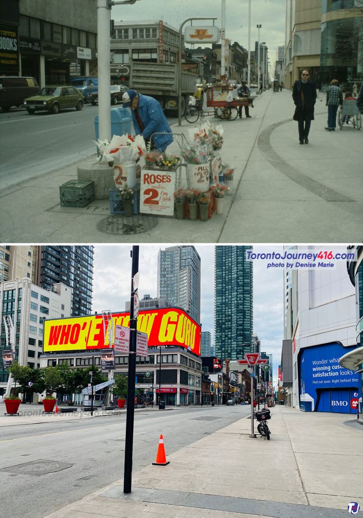 Between 1980-83/May 25, 2024 – Looking southeast along Yonge St from just south of Dundas St W in the Downtown Yonge area of Toronto. In the archive photo, vendors are selling flowers and popcorn in front of the Toronto Eaton Centre. In the background, notice the red and white Nickelodeon sign