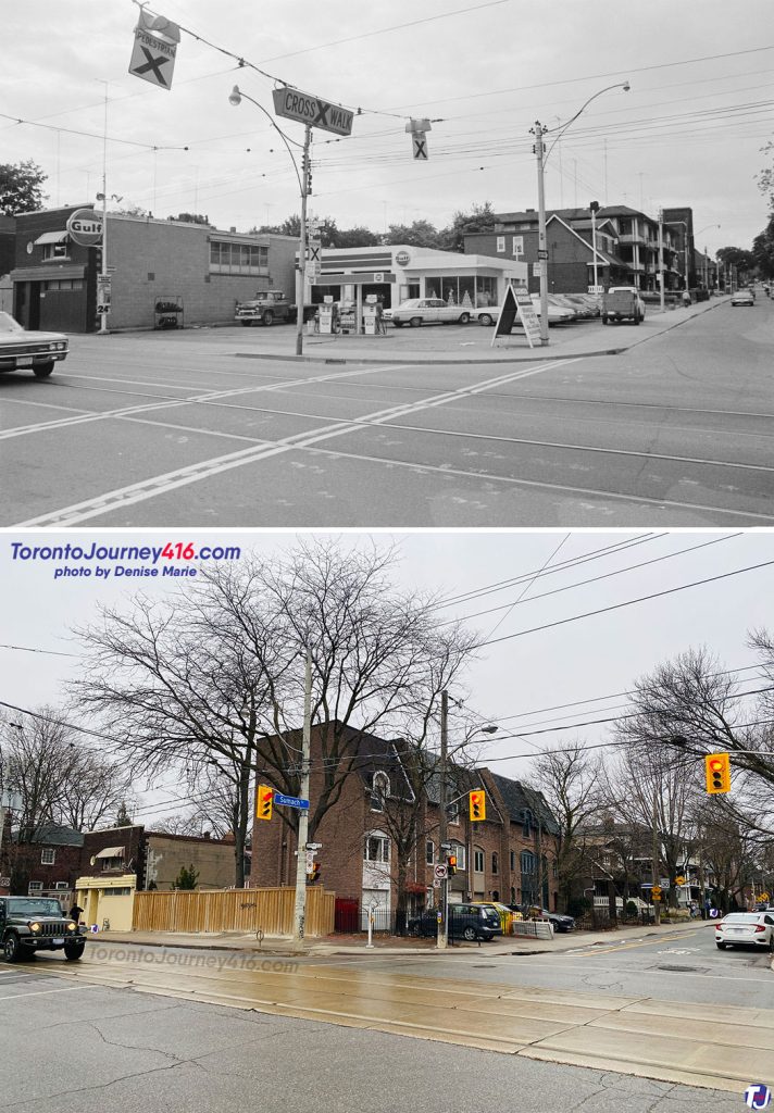 1972/March 2, 2024 – Looking northwest towards the corner of Gerrard St E and Sumach St, in the Cabbagetown and Regent Park neighbourhoods of Toronto. The archive photo shows when the corner was home to Gulf Gas Station