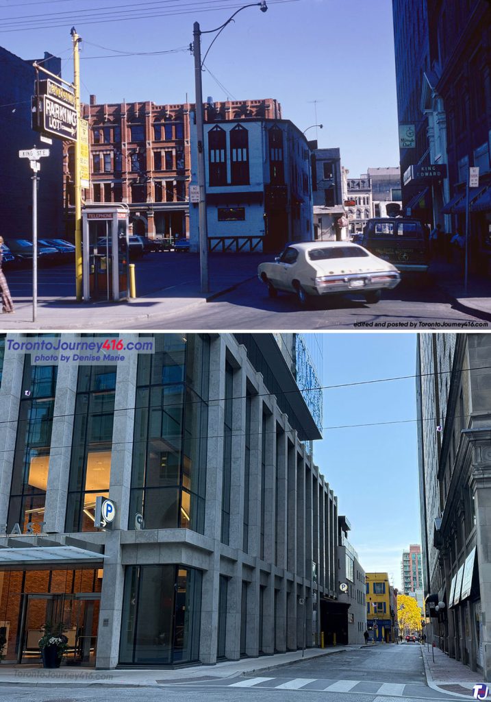 July 11, 1973/November 9, 2024 – Looking south down Leader Lane from King St E in the St Lawrence neighbourhood of Toronto. Most of the streetscape's architecture has remained intact, aside from the parking lot in the left foreground of the archive photo, which is now occupied by an office building. The white and brown building (in the centre) that once housed Tom Jones Steak House is today commercial space. Behind it, the grey building that used to be El Toro Steak House has been transformed into a gold-painted establishment that is now P.J. O'Brien Irish Pub & Restaurant. Visible on the right side is the King Edward Hotel, presently the Omni King Edward