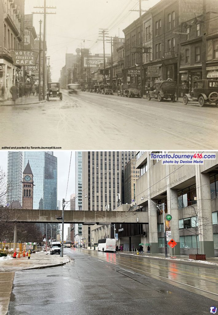 Between 1920-26/January 18, 2025 – Looking southeast along Queen St W towards Bay St, east of York St in downtown Toronto. The archive photo shows the Hotel Aberdeen Café in the left foreground, later the Osgoode House and the Variety Hotel, located at the northeast corner of Queen St W and Chestnut St (when the two streets intersected). The hotel and block were demolished to make way for Nathan Phillips Square and Toronto City Hall. Also, on the right side of the vintage image, notice the Coca-Cola billboard affixed to the side of the Globe Theatre, later Broadway Theatre