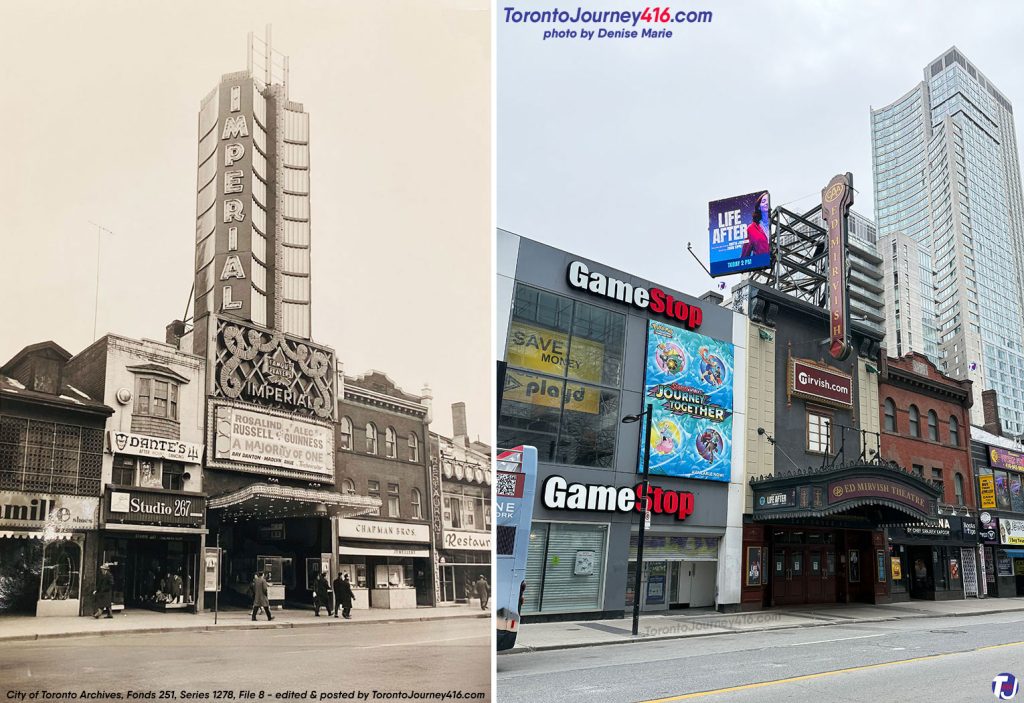 Circa 1961/May 4, 2025 – Looking southeast on Yonge St, between Dundas Sq and Shuter St, in downtown Toronto.
The archive photo features several establishments from left to right: Camille Shoes, Studio 267, Dante's (an after-hours dancing venue), the Imperial Theatre, Chapman Bros Jewellers, and the Saxony Restaurant. Notice the marquee of the Imperial Theatre, which displays "A Majority of One," starring Rosalind Russell, Alec Guinness, and Ray Danton, released in 1961. Today, the theatre is known as the CAA Ed Mirvish Theatre