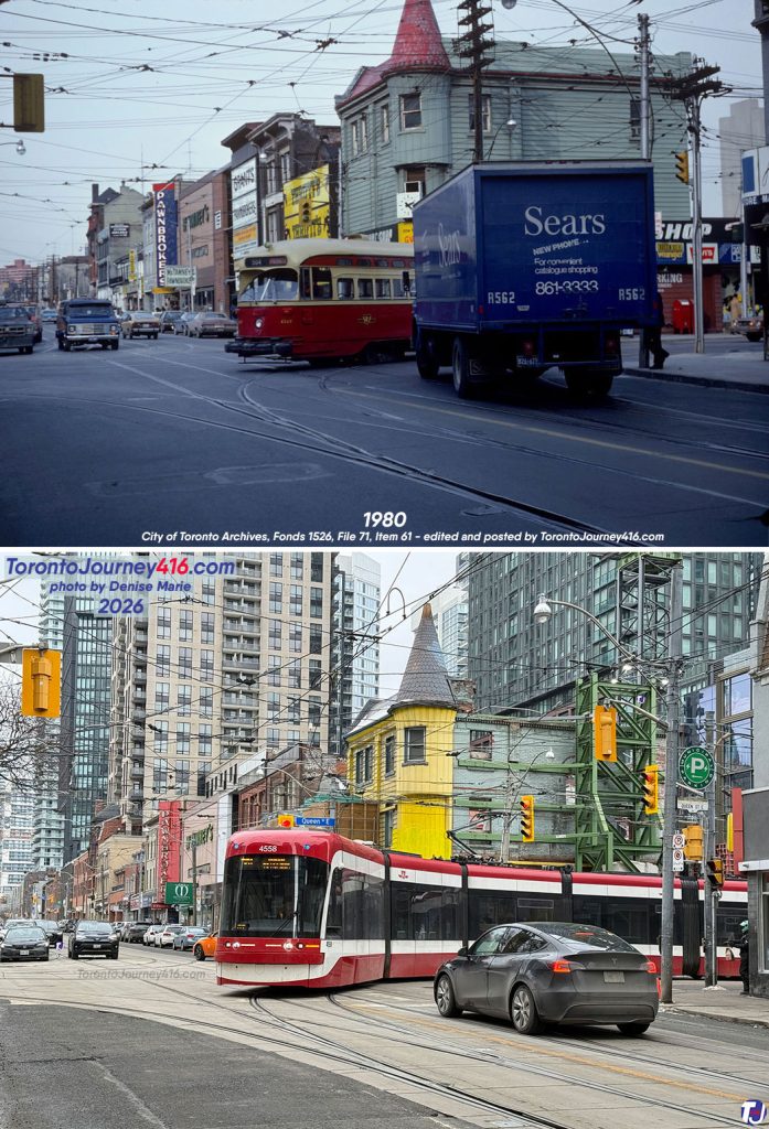February 13, 1980/February 15, 2026 – Looking northeast along Church St from south of Queen St E in the Garden District of Toronto.
The archive photo shows 60 Queen St E, with its distinctive turret when Thrifty’s Sport Shop occupied the storefront. Over the years, the building has housed various businesses, including Public Optical, Gino’s Pizza, and Shawarma’s King. In the vintage photo, also notice the Sears truck and the pawnshops along Church St.
Plans are underway to preserve the building’s historic façade and its neighbouring structures as part of a new development named Queen Church Condos