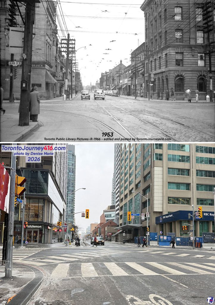 May 1953/January 3, 2026 - Looking north up Yonge St from Bloor St, in the Yorkville neighbourhood of Toronto. The archive photo shows The Royal Bank of Canada on the right and the Canadian Imperial Bank of Commerce on the left. The present-day photo shows these same banks, CIBC and RBC, in newer buildings at the same corners