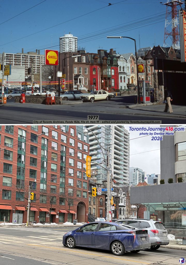May 6, 1977/February 15, 2026 – Looking towards the northwest across Carlton St towards Jarvis St in the Church-Wellesley neighbourhood of Toronto. The archive photo shows the streetscape nearly 50 years ago. At the northeast corner was a Shell gas station, while the northwest corner was a used car lot. Along the west side of Jarvis St is a row of homes constructed between 1863 and 1875. These homes still stand today and are listed on the city's heritage register. The round apartment building in the background of the vintage photo is the Village Green Apartments at 50 Alexander St. Since the mid-1980s, the gas station site has been home to the Carlton on the Park office and residential condominiums. In the mid-1990s, the Jarvis Carlton Apartments, a red brick building, replaced the car lot