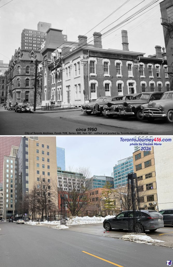 Circa 1950/February 15, 2026 – Looking northwest along Court St from west of Church St in the St Lawrence neighbourhood of Toronto. Both photos show a parking lot in the right foreground. The archive photo shows what was then known as Police Station No. 1 in the centre and Toronto Mortgage Chambers in the background on the left, at the corner of Toronto St. Police Station No. 1 was built in the mid-1870s and originally served as both the Police Court and Fire Hall No. 5. After the fire hall on Lombard St was completed in 1887, firefighters from the Court St fire station moved to the new facility, leaving the Court St building primarily for police operations. Around 1901, Police Headquarters relocated from Court St to the newly constructed (Old) City Hall. In 1960, Police Station No. 1 moved to the Stewart Building on College St. Following this, the Court St building was demolished, and the site became a parking lot until 1997, when it was transformed into Courthouse Square Park, visible in the present-day photo. The building that housed the Toronto Mortgage Chambers was originally known as the Building & Loan Association Chambers, which was constructed in 1879. It was demolished in the early 1960s to make way for the current 11-storey office building, which features black glass and cream-coloured brick and is located at 15 Toronto St