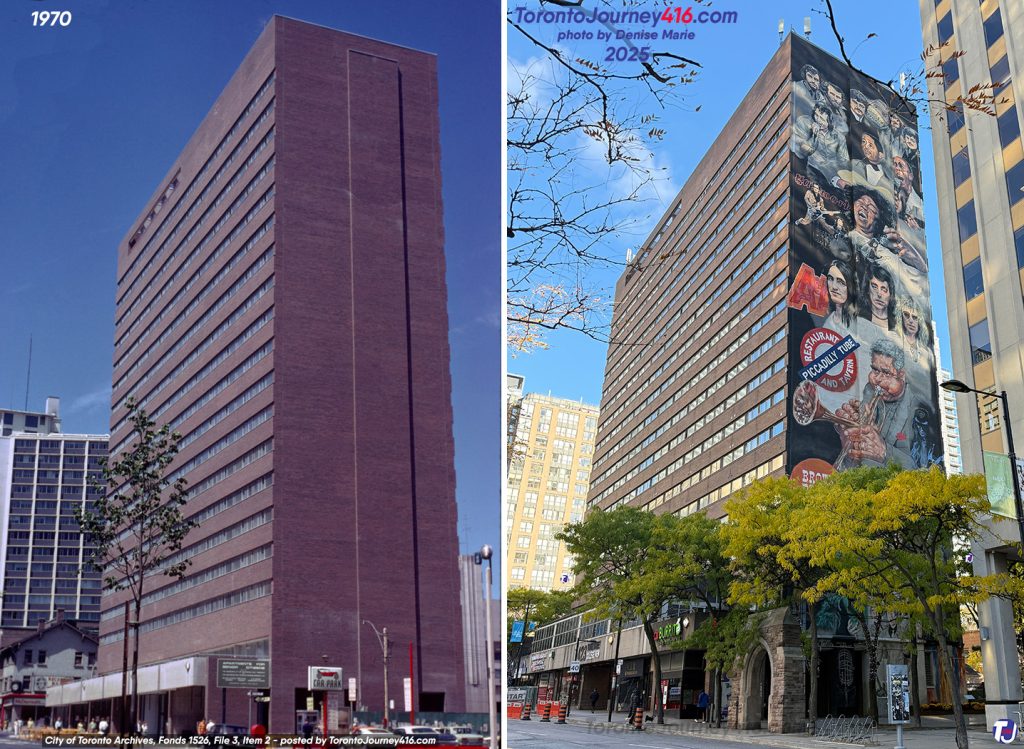 July 1, 1970/November 8, 2025 – Looking northeast towards the 22-storey College View Apartments at 423 Yonge St north of Gerrard St E, between McGill St and Granby St in the Downtown Yonge area of Toronto.
In 2016/17, artist Adrian Hayles painted the Yonge Street Music History murals on the building's south and north sides. The south-facing mural, which is featured in the present-day photo, showcases various musicians and bands, including Lonnie Johnson, Jay Douglas, Salome Bey, Goddo, RUSH, Dizzy Gillespie, Kim Mitchell, Carole Pope, Cathy Young, Jon & Lee from The Checkmates and The Five Rogues