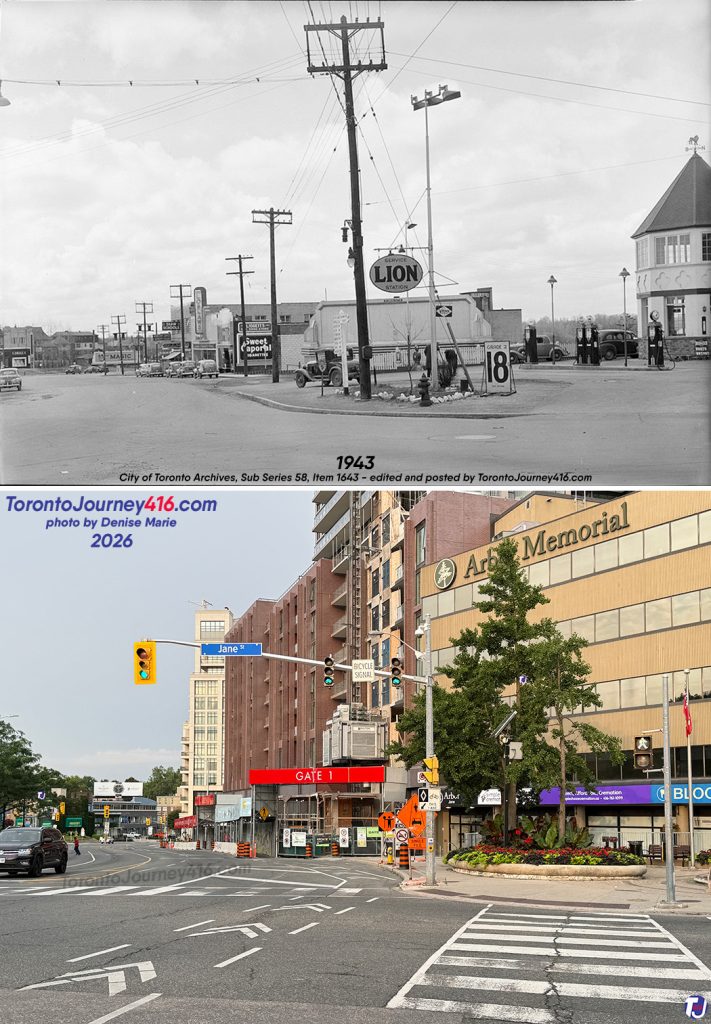 April 13, 1943/August 22, 2026 – Looking west along Bloor St W from Jane St in the Lambton Baby Point neighbourhood of Toronto.
The archive photo shows the Lion Service Station on the corner when a gallon of gas was 18¢, or about 4¢ a litre. A little further down the street was Loblaw Groceteria.
The present-day photo shows the construction of a mixed-use building called the Bijou on Bloor. This stretch was once the site of the Humber Cinemas, along with several other buildings that were torn down to make way for the new condo