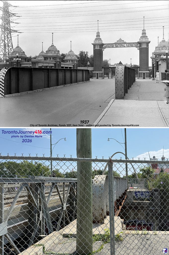 July 15, 1937/August 22, 2026 - Looking southeast toward Dufferin Gate near the foot of Dufferin St at Exhibition Place.
The archive photo shows the second Dufferin Gate, built in 1912. Architect George W. Gouinlock designed the gate, which was replaced in the late 1950s by today’s parabolic archway to make way for the Gardiner Expressway (City of Toronto Archives, Fonds 1231, Item 1446 - James Victor Salmon photographer)