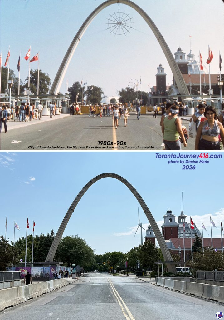 Between 1980s-90s/August 2, 2026 - Looking south toward the Dufferin Gate near the foot of Dufferin St at Exhibition Place.
The Dufferin Gate was completed for the opening of the 1959 CNE. Architect Arthur G Keith of the firm AD Margison and Associates designed the parabolic archway in the Mid-Century Modern style. The Dufferin Gate stands 20 m (65 ft) tall and cost over $250,000 to build. The city granted the structure heritage status in 1993.
Notice in the archive photo that the admission booths were located just outside the Dufferin Gate. The Government Building is also visible in the background on the right, which is home to the Medieval Times Dinner & Tournament