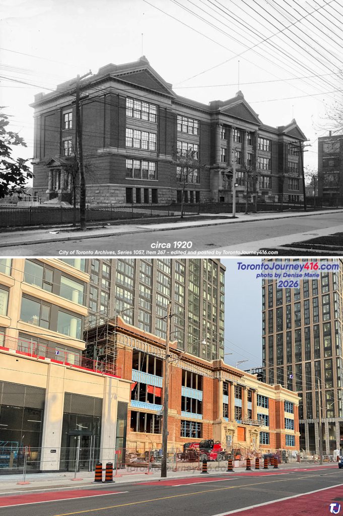 Circa 1920/August 22, 2026 – Looking northwest from Dufferin St just south of Bloor St W in the Brockton Village and Dufferin Grove neighbourhoods of Toronto.
The Kent Senior Public School, located at 980 Dufferin St, was established in 1907 and designed in the Edwardian Classical style by architect C.H. Bishop. It opened the following year and was named in honour of Herbert A. E. Kent, who served as a Toronto trustee for 21 years.
The school closed in 2012 due to declining enrollment and was declared surplus in 2016 before being sold to developers. In 2020, the building received heritage designation from the city. The site is currently undergoing redevelopment into a mixed-use project known as the Marlow