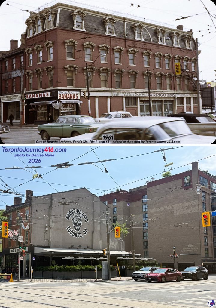 March 1961/July 25, 2026 – Looking southeast towards the corner of King St E and Church St, in the Old Town, St Lawrence neighbourhood of Toronto.
The archive photo features the beautiful 3½-storey building once at the corner. According to a newspaper article, the building dated back to the 1850s. The Victorian-era building had a mansard roof with iron cresting, along with arched and triangular pediments above the windows, which had open, stepped bases. It was home to various businesses throughout its years, including James H. Rogers, a hatter & furrier; Gallagher & Co. fruits; A. Clubb & Sons Ltd. cigars; and finally, Darrigo Bros. grocery and fruit.
By 1970, there were calls to demolish the historic buildings along this stretch. Despite protests to save the structure, the corner building was torn down in 1971. In 1973, the neighbouring buildings along King St E were added to the city's inaugural heritage register