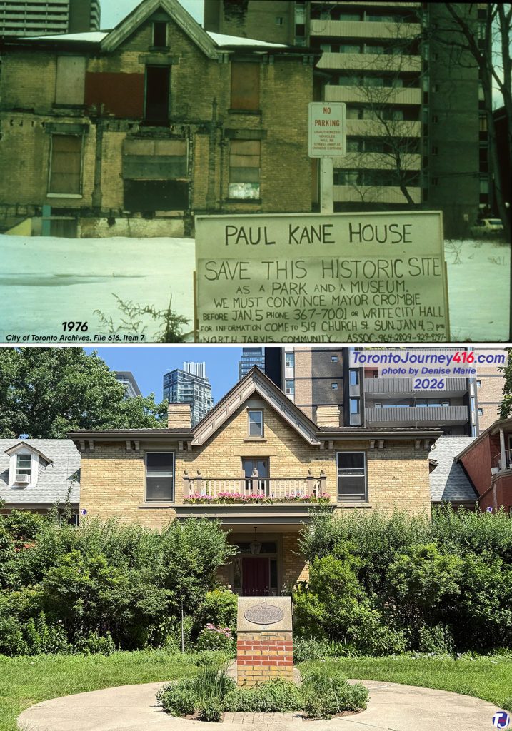1976/July 12, 2026 – Looking north towards the Paul Kane House, located at 56 Wellesley St E, just east of Yonge St in the Church-Wellesley neighbourhood of Toronto.
Paul Kane (1810-1871) was an Irish-born Canadian painter known for his artwork depicting the landscapes of the West and Indigenous peoples. In the mid-1850s, Kane purchased the property on Wellesley St E and built a stucco cottage, which was later expanded in that decade. After Paul Kane died in 1871, his family continued to live in the home. In 1873, the house was clad with buff brick, and a porch was added. The Kane family owned the house until 1903.
From 1925 until 1973, the building served as a hall for the Evangelical Church of the Deaf. The city purchased the property in 1978 for a reported $500,000, which included $170,000 in support from the province's Wintario funding. The following year, the house was designated under the Ontario Heritage Act, and a city park was created.
The Church Isabella Residents Co-operative later leased the land and abandoned house, and in 1985, with plans by architect Paul Reuber, the Paul Kane House was renovated, divided into two apartments, and incorporated into a residential development that opened in 1986. This house was preserved thanks to the efforts of local residents and heritage organizations.
An interesting note: According to an article in the April 5, 1974, edition of The Toronto Star, "For almost 100 years, everyone except the minister believed that the house had disappeared." This changed in 1973 when a student working for the Toronto Historical Board walked up a laneway beside the former Evangelical Church of the Deaf, which had been built in 1926 directly in front of the Paul Kane House. The student discovered the house and went on to prove that it was originally the home of Mr. Kane
