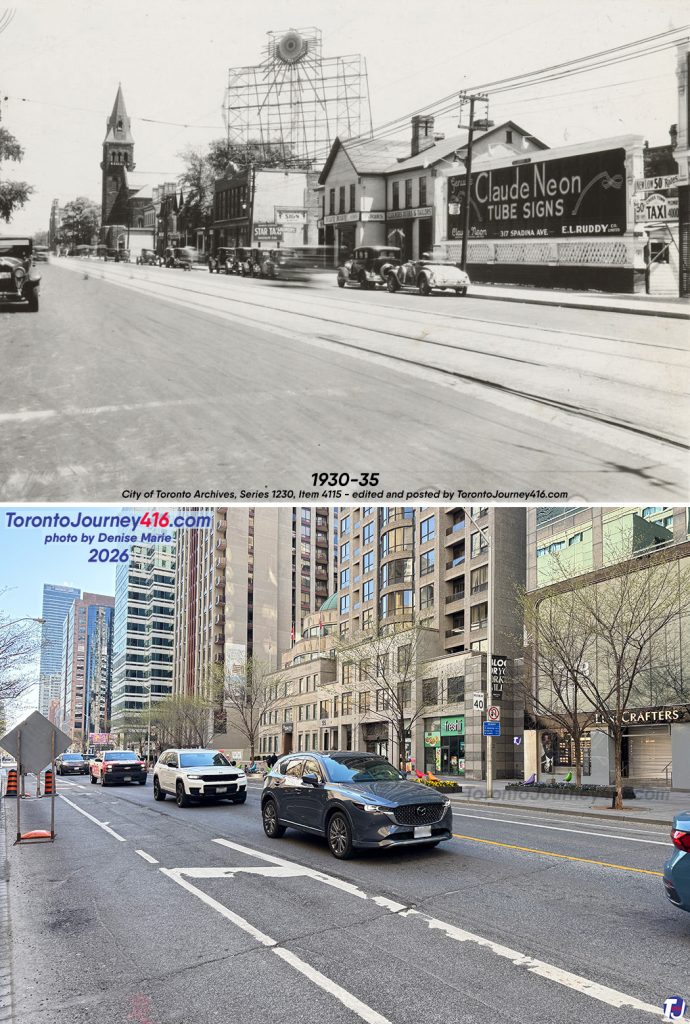 Between 1930-35/May 3, 2026 - Looking southeast along Bloor St E from east of Yonge St, in the Yorkville neighbourhood of Toronto
