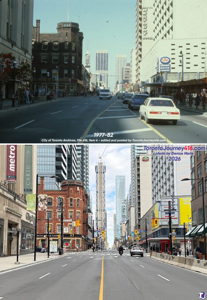 Between 1977-82/May 3, 2026 - Looking north up Yonge St from south of College St/Carlton St, in the Downtown Yonge area of Toronto