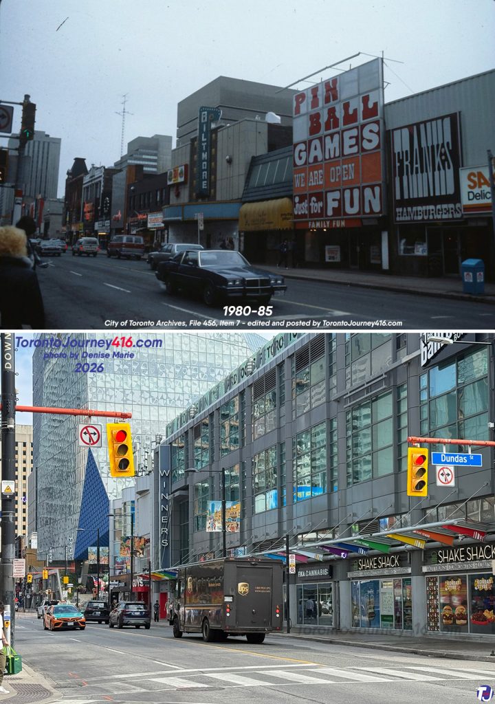 Between 1980-85/July 25, 2026 – Looking northeast up Yonge St from Dundas St, in the Downtown Yonge area of Toronto.
A few businesses visible on the right side of the archive photo include Sa-Gi's Delicatessen, Franks Hamburgers, Pinball Games, Pasta Plus, Biltmore Theatre and Cheapies Records & Tapes. Today, this stretch of the block is home to The Tenor - a retail, entertainment, and office complex