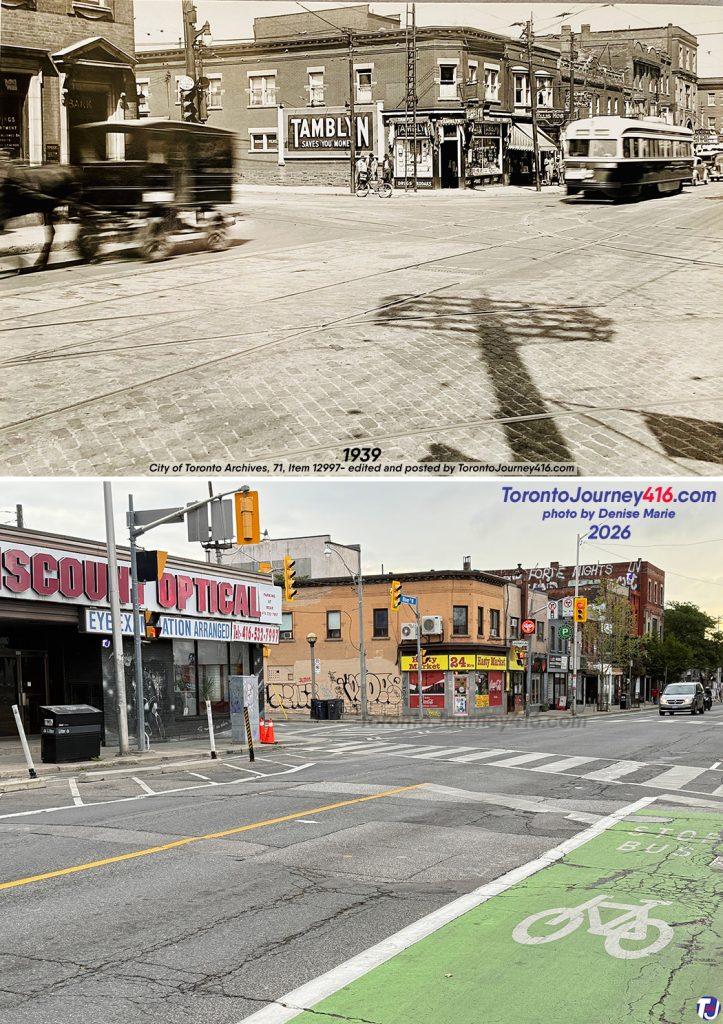 April 28, 1939/August 29, 2026 – Looking northeast along Bloor St W at Lansdowne Ave in the Junction-Wallace Emerson neighbourhood of Toronto. The left foreground of the archive photo shows part of the Imperial Bank of Canada, later CIBC, in a building that was once on the corner. In the centre background of the vintage image, at the northeast corner, is a Tamblyn Drugs, a chain of Canadian pharmacies founded in 1904 by Gordon Tamblyn. Several of the buildings along this stretch of Bloor St W, from Lansdowne Ave to St Clarens Ave, still stand today. The archive photo also shows the streetcar lines that once ran along the two streets and features a President’s Conference Committee (or PCC) streetcar. This type of streetcar was introduced to the TTC fleet in 1938, with a total of 140 cars added that year at a cost of $3 million