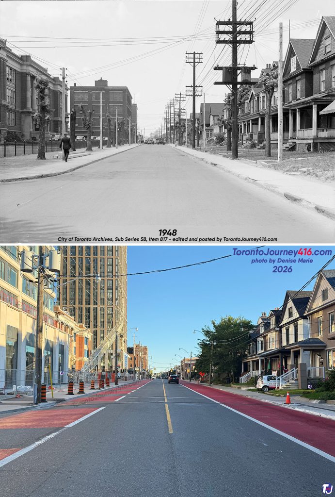 June 16, 1948/September 6, 2026 – Looking north up Dufferin St towards Bloor St W from Awde St (today Croatia St), in the Brockton Village neighbourhood of Toronto. The left side of the archive photo shows Kent Senior Public School in the foreground. On that same side, in the background, is the National Cash Register Company, which was demolished long ago. In the present-day photo, the former Kent School building, which closed in 2012 and was sold to developers in 2016, is currently being redeveloped into a mixed-use project known as the Marlow. Another important detail about the archive photo is that it shows Dufferin St just before it widened. Notice the depth of the lawns and also that the trees have been limbed in preparation for their removal and the roadway expansion