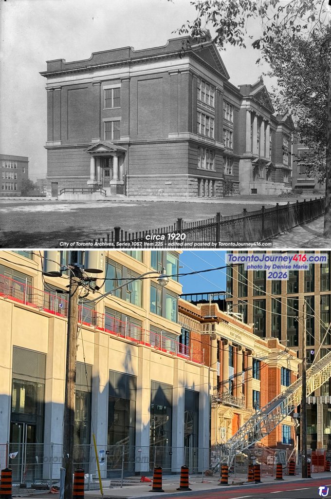 Circa 1920/September 6, 2026 – Looking northwest from Dufferin St just south of Bloor St W in the Brockton Village neighbourhood of Toronto. The archive photo features Kent Senior Public School, which opened in 1908. It was designed in the Edwardian Classical architectural style by architect C.H. Bishop. The school was named in honour of Herbert A. E. Kent, who served as a trustee for the Toronto school board for 21 years. In 2012, the school closed due to declining enrollment. Four years later, the building was declared surplus, and the property was then sold to developers. In 2020, the building was added to the city's heritage register. The site is currently being redeveloped, with a mixed-use project called the Marlow under construction