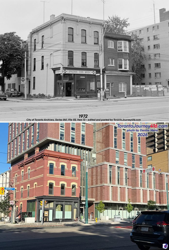 1972/September 6, 2026 - Looking northwest towards the corner of Spadina Ave and Sussex Ave, in the Harbord Village neighbourhood of Toronto. The archive photo shows when the storefront of 698 Spadina Ave was home to Spadina Coin Wash. The three-story building was constructed in 1885 and initially served as John James Funston's grocery store, with residential units on the upper floors. From 1984 until about 2019, the storefront housed Ten Editions, a second-hand bookstore. The heritage-designated eastern and southern facades of the Victorian building were preserved and are now part of Oak House, a 23-storey student residence for the University of Toronto, which was completed in 2025