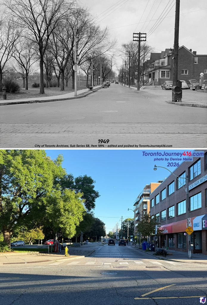 March 28, 1949/September 6, 2026 - Looking north up Christie St from Bloor St W, in the Christie Pits and Seaton Village neighbourhoods of Toronto. The archive photo shows the intersection over 75 years ago. On the left was what was then known as Willowvale Park, and on the right were Frank McKee's service station and Trinity Taxi. The vintage photo also shows when a streetcar line travelled along Bloor St, as well as the "man-horse-dog" water fountain and trough once on the west side of Christie St. At that time, this section (about 80 m) of Christie St was a two-way street before the southbound split was added to Grace St. In 1983, the greenspace and sports facility was officially renamed Christie Pits Park. The site of the gas station is today home to Bloor Park Medical Centre