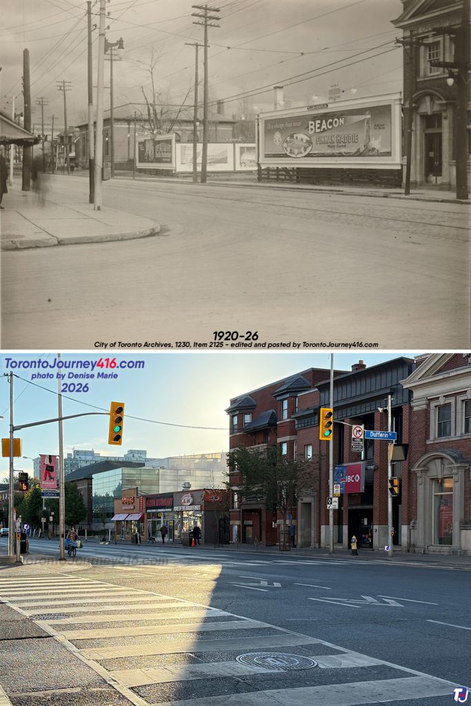 Between 1920-26/September 17, 2026 – Looking southeast along Bloor St W from Dufferin St in the Bloorcourt Village of Toronto.
The archive photo shows a portion of the Canadian Bank of Commerce (CIBC) building in the right foreground, with the Toronto Public Library - Bloor/Gladstone Branch in the background. Both buildings still stand and continue to serve their original functions today. The vintage photo also features a billboard for Beacon Finnan Haddie, a traditional Scottish dish made from cold-smoked haddock