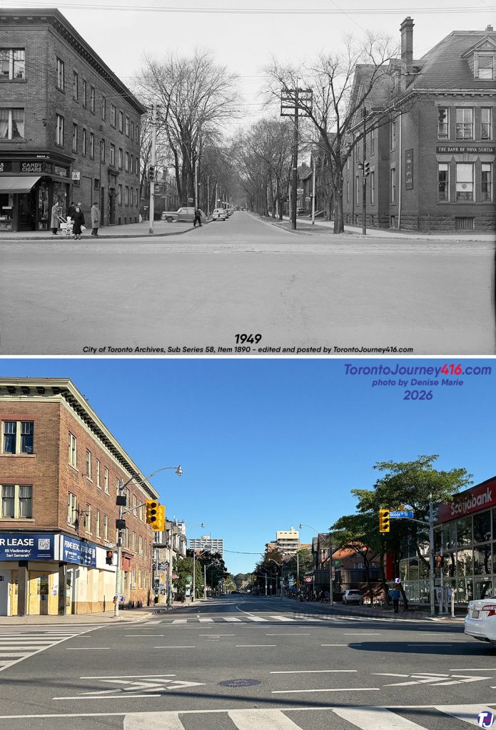 March 28, 1949/September 6, 2026 - Looking north up Spadina Rd from Bloor St W in The Annex neighbourhood of Toronto.
The archive photo shows the York Apartments on the left, the Bank of Nova Scotia on the right and the streetcar track that once ran along Bloor St.
The present-day photo shows a widened roadway. The York Apartments, which date back to 1912, still stand today, while Scotiabank continues to operate at the northeast corner, now in a contemporary building