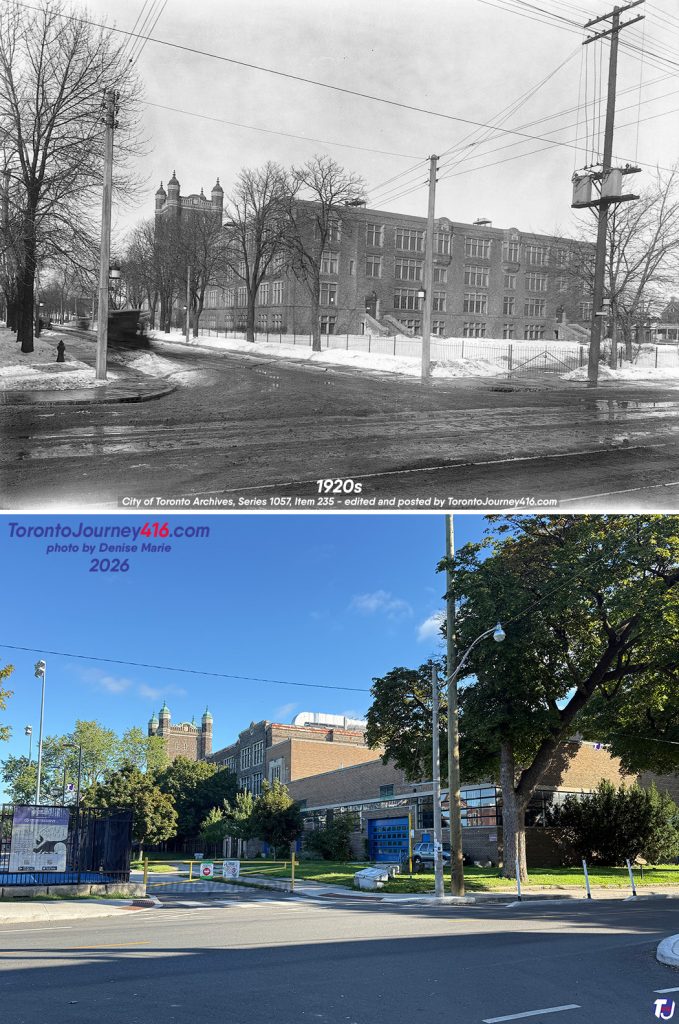 1920s/September 6, 2026 – Looking northeast towards Central Technical School (CTS or Central Tech) from Harbord St just east of Bathurst St, in the Harbord Village neighbourhood of Toronto. Construction of the school began in 1913. It was designed in the Collegiate Gothic style by the architects Ross & MacFarlane. In September 1915, at the cost of nearly $2 million, which drew criticism, as some considered it a "white elephant," the school welcomed its first students. Upon opening, the school had upwards of 400 classrooms and workshops, offering a wide range of subjects, including chemistry, fine arts, brickmaking, math, cooking, engineering, and even hat trimming. One unique feature included a room where a house could be constructed from the ground up and fully furnished. Just a month after opening, the mammoth "too big" school was almost too small, with about 1,400 students in day classes and 3,000 in night classes. Students attended the school for two years, taking a variety of subjects before deciding on a trade to pursue. To accommodate the growing number of students and to add new facilities, the school has undergone several expansions over the years