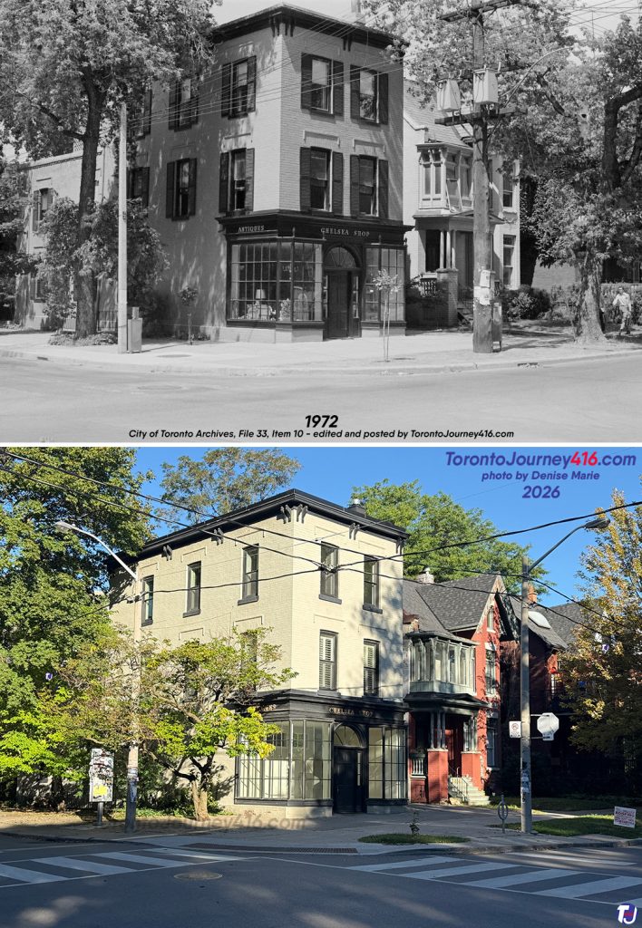 1972/September 6, 2026 – Looking northwest towards the corner of Huron St and Sussex Ave, in the Huron Sussex neighbourhood near the University of Toronto. The three-storey, heritage-designated building at the corner was constructed in the late 1880s for Thomas Charlton's grocery store, at a cost of $3,000. It served as his store until approximately 1905. After that, it continued to function as various grocery stores and later as a butcher shop until 1959. In the early 1960s, it became home to the Chelsea Shop, which sold antiques until it closed in approximately 1990. Over the years, it has also served residential purposes. The storefront still displays the signs "Chelsea Shop" and "Antiques." In recent decades, the building has housed various businesses, including Westwood Creative Artists, which has since relocated