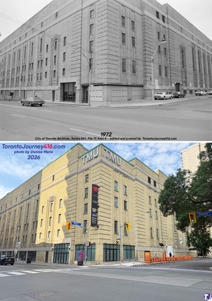 1972/July 25, 2026 – Looking southwest towards the back of Maple Leaf Gardens at Church St and Wood St, in the Church-Wellesley neighbourhood of Toronto.
Known as one of the "cathedrals of hockey," the arena was built in just five months and twelve days. The Toronto Maple Leafs played their first game there on November 12, 1931, facing off against the Chicago Blackhawks. The Leafs won 11 of their 13 Stanley Cup championships while playing in this arena. Their last game at Maple Leaf Gardens took place on February 13, 1999, once again against the Blackhawks.
In 2004, Loblaw Companies acquired the historic arena. Renovations began in 2009, during which the roof, rafters, and exterior of the structure were preserved. Today, it is home to a Loblaws grocery store and the Toronto Metropolitan University Mattamy Athletic Centre, which features a 2,700-seat hockey rink on its upper level