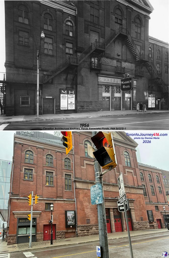 1956/May 24, 2026 – Looking southwest across Shuter St towards Massey Hall at Victoria St in the Downtown Yonge area of Toronto.
The archive photo shows the front of the venue 70 years ago, featuring posters for a Barbershop Quartet festival and a performance by the Berlin Philharmonic. It also shows Massey Hall with its "moustache"-style fire escape, a safety feature installed on the front and sides of the building in 1911 at a cost of about $5,000.
Massey Hall was established in 1894 when industrialist Hart Massey built it as a gift to the people of Toronto to promote the arts. While the venue has undergone several updates over the years, it was closed from 2018 to 2021 for significant interior and exterior restoration. The exterior project included removing the iron stairs and restoring the brick and masonry. A team of experts worked to restore the "MASSEY MUSIC HALL" limestone letters, sourcing matching stone to recreate some of the damaged letters.
Today, the state-of-the-art performance venue, which includes a new seven-story tower and the historic music hall, is collectively called the Allied Music Centre. The expanded facility features four performance venues, a recording studio, and creative workspaces