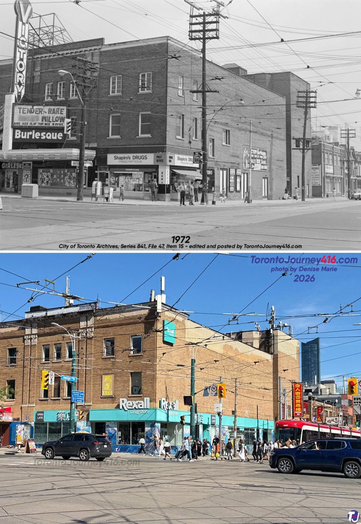 1972/September 27, 2026 – Looking northeast towards the corner of Dundas St W and Spadina Ave, in the Chinatown neighbourhood of Toronto.
The archive photo shows the Victory Burlesque Theatre, which originally opened as the Standard Theatre in 1922. It was Canada's first purpose-built Yiddish-language theatre. By the mid-1930s, the venue was renamed The Strand, then the Victory Theatre in the early 1940s. In 1961, the theatre began featuring live performances of a risqué nature and was renamed the Victory Burlesque, which closed its doors in 1975.
After its closure, the building underwent renovations and reopened as the Golden Harvest, a Chinese-language theatre that operated until 1994. The heritage-designated building has also served as a bank and hosted various other businesses. Today, the storefront space houses a Rexall drugstore