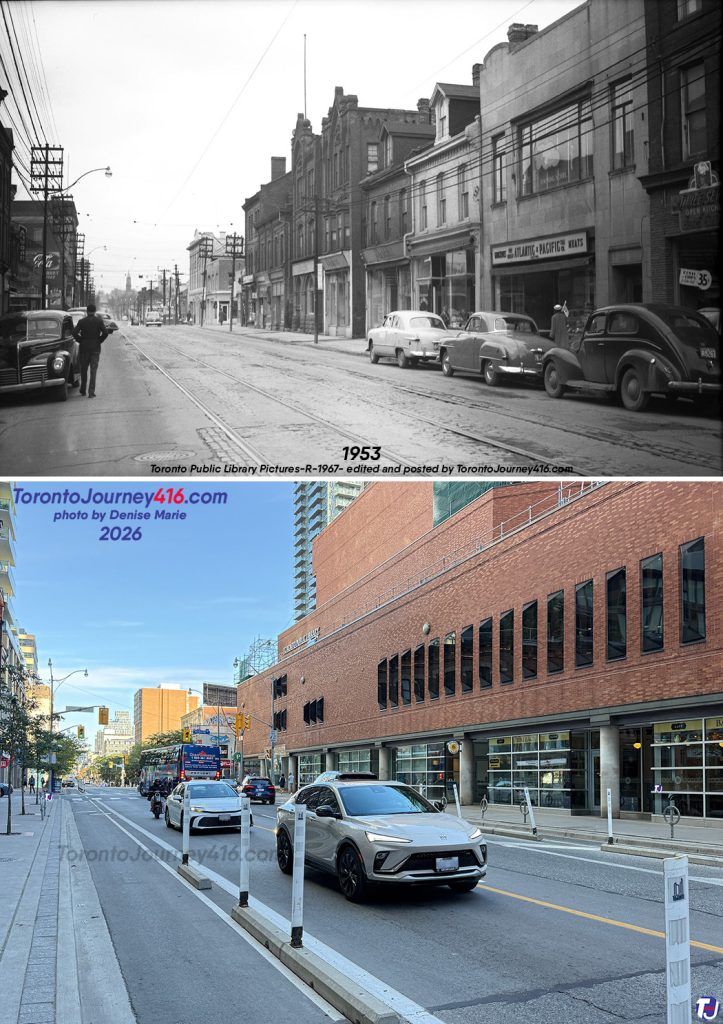 May 1953/September 27, 2026 - Looking northeast up Yonge St from north of Asquith Ave in the Yorkville neighbourhood of Toronto.
A few establishments visible in the archive photo in the right foreground are Three Sevens Open Kitchen Restaurant (where Fish & Chips were 35¢), The Great Atlantic & Pacific Tea Co, and, a few doors down, Parker's Dye Works & Cleaners.
In 1975, construction began on the $30 million Metropolitan Center Library, the red-brick building shown in the present-day photo, which opened in 1977. Today known as the Toronto Reference Library, the building was designed by architect Raymond Moriyama