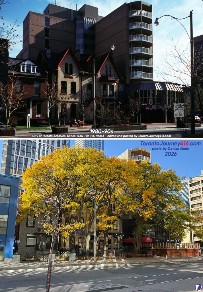Between 1980-90s/October 17, 2026 – Looking southwest towards 25 to 29 Wellesley St E, just east of Yonge St in the Church-Wellesley neighbourhood of Toronto. All three buildings still stand today. At 25 Wellesley St E is what was originally called the New York Apartments, which opened in the early 1980s. The yellow brick building in the centre, located at 27 Wellesley St E, is historically known as Somerset House and was built in 1873. In the archive photo, it was home to The Jack Russell restaurant. More recently, it served as a Fox and Fiddle, which closed this location on December 31, 2024. The house on the left at 29 Wellesley St E was home to medical offices in the vintage photo. Today, it operates as a hotel